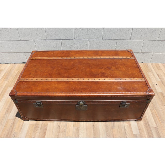 Restoration Hardware Restoration Hardware Vintage Leather Trunk Coffee Table | Campaign Style Storage Chest Cocktail Table For Sale - Image 4 of 18