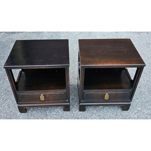 Late 20th Century Pair of Davis Cabinet Asian Style Dark Stained Bedside Tables For Sale - Image 5 of 12