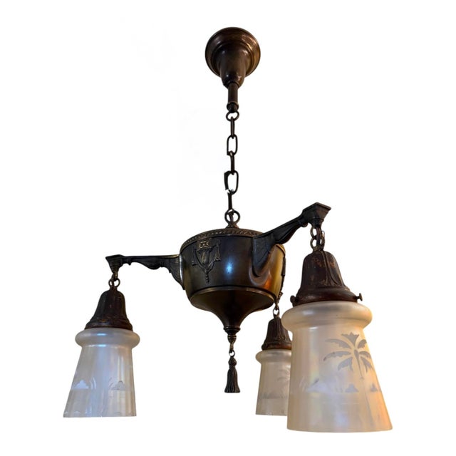 Metal Circa 1910’s Art Nouveau Chandelier With Etched Palm Motif Shades For Sale - Image 7 of 9