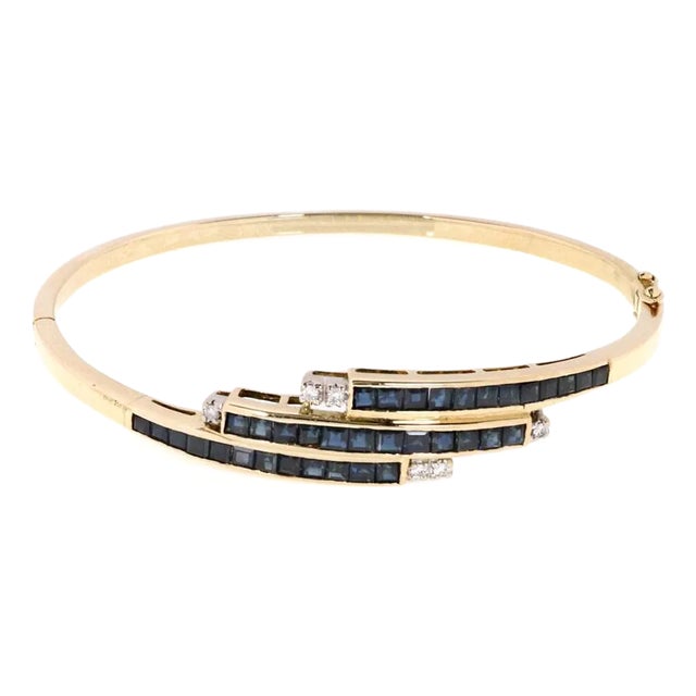 14k Sapphire & Diamond Bangle Bracelet 3 Rows Yellow Gold For Sale