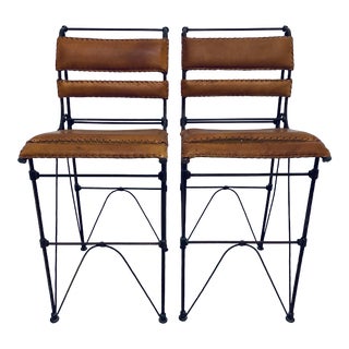 Pair of Ilana Goor Attributed Brown Leather and Iron Bar Stools For Sale