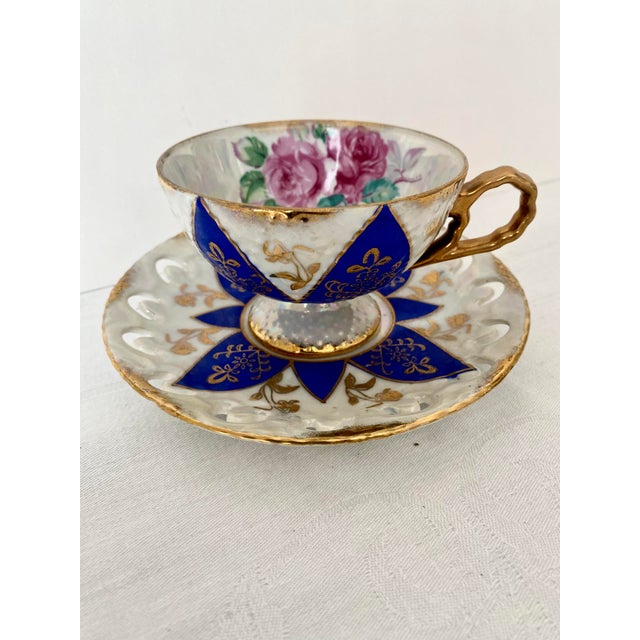 Vintage Ucagco Ceramics Japan Porcelain Teacup and Saucer Set Cobalt Blue Pink Rose Lusterware Pierced Scalloped Rim Mid-Century Excellent Condition For Sale - Image 13 of 13