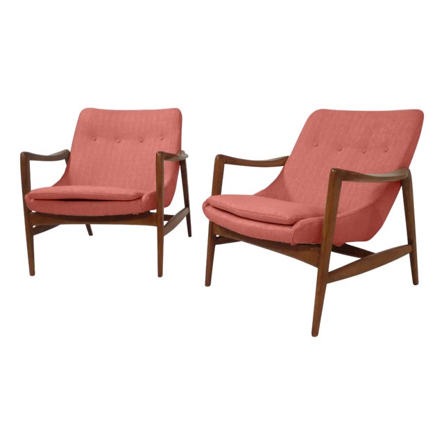 Modern Mid-Century Style Lounge Chairs Walnut Frames For Sale