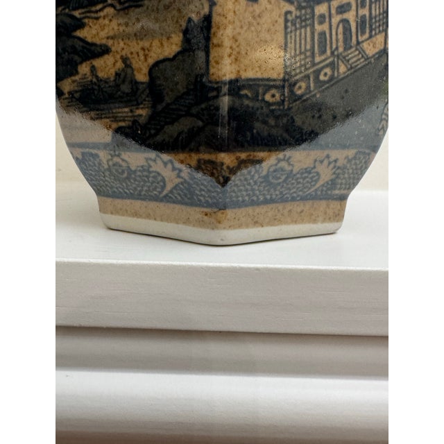 Vintage Chinoiserie Landscape Scene Glazed Ceramic Hexagon Vase, Taupe & Black For Sale - Image 10 of 12