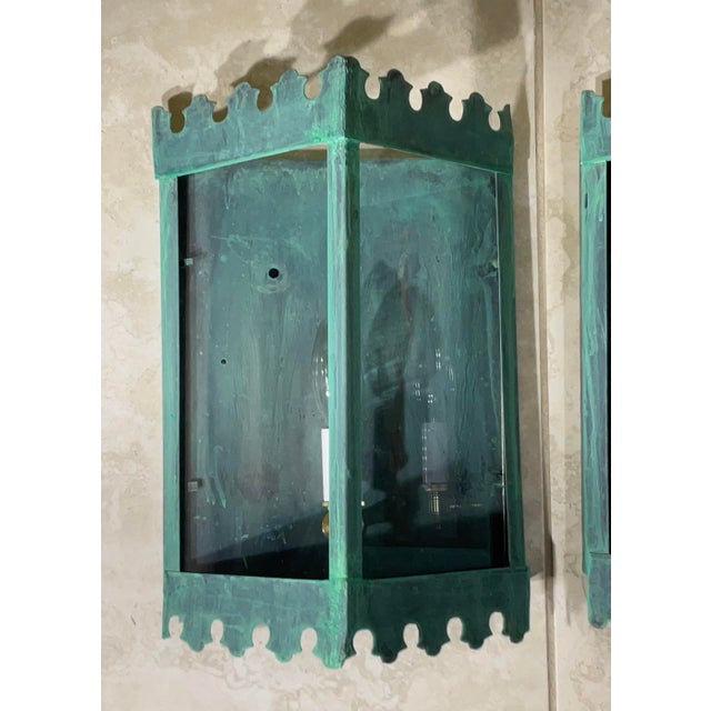 Metal Pair of Artistic Vintage Patinated Metal Wall Lantern Sconces For Sale - Image 7 of 16