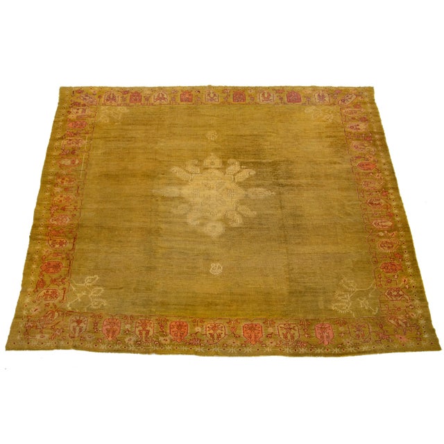 Turkish Goldenrod Turkish Oushak Antique Square Wool Rug Featuring a Center Design For Sale - Image 3 of 10