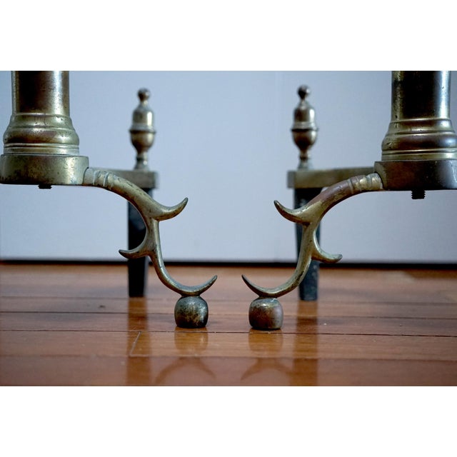 19th Century Lemon Top Antique Brass and Iron American Andirons For Sale - Image 4 of 8