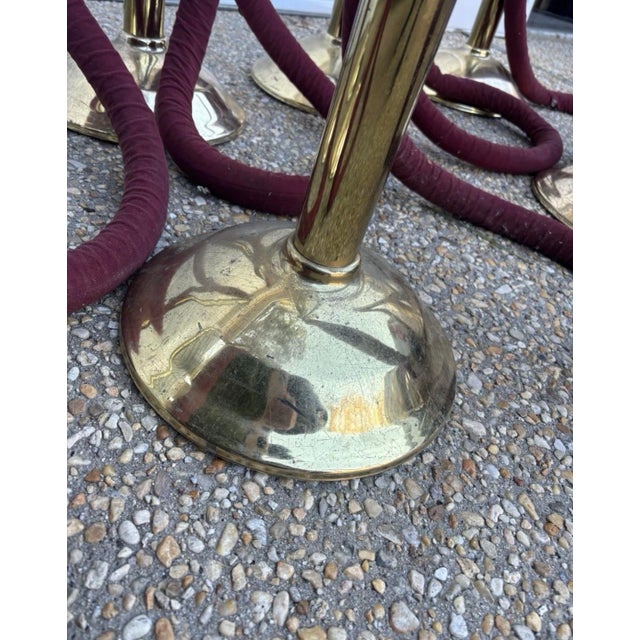 Early 20th Century Vintage Mid Century Solid Heavy Brass Glaro Red Velvet Stanchions for Movie Theatre, Security, Set of Eight For Sale - Image 5 of 9