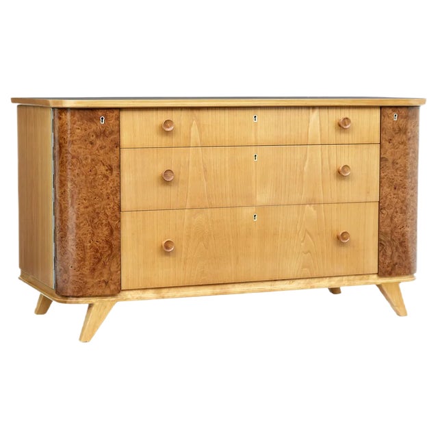 Mid 20th Century Swedish Elm and Burr Fitted Chest of Drawers For Sale