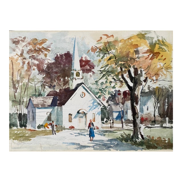 1970s Franklin Reed Jones Village Church Watercolor For Sale