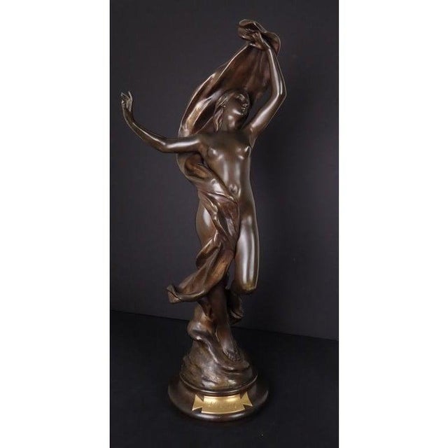 Henri Godet Art Nouveau signed sculpture of draped nude. Late 19th century antique. Art Nouveau bronze of "Le Reveil de...