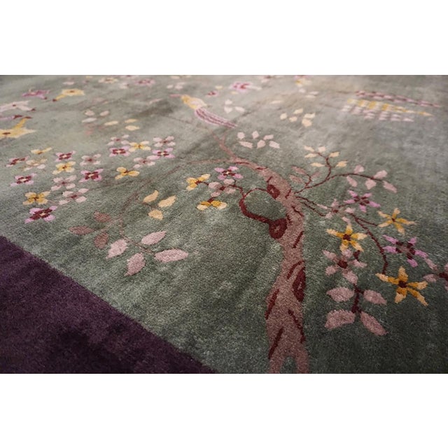1920s Green Floral Modern Antique Hand Knotted Pile Wool Chinese Art Deco Carpet 7'11" X 9' 4" Rug For Sale In New York - Image 6 of 11
