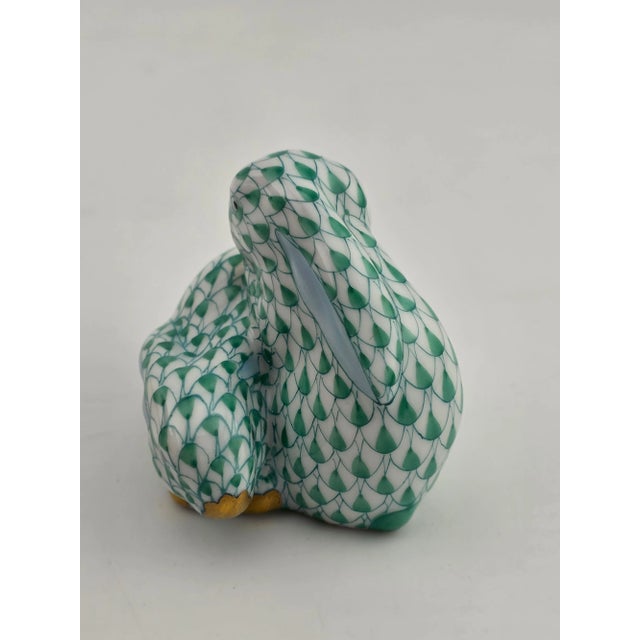 1990s Rare Vintage Hungary Herend Pair Snuggling Bunny Rabbits Green Fishnet Figurine For Sale - Image 5 of 15
