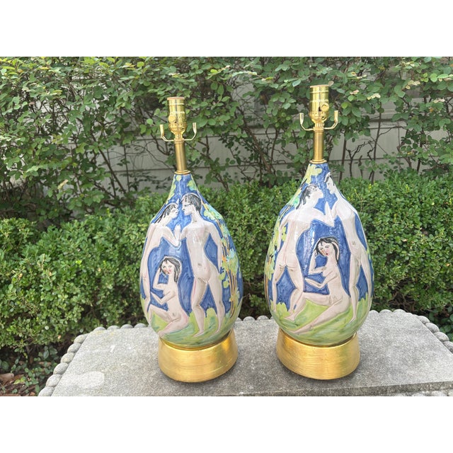 1950s Italian Modern Glazed Ceramic Lamps - a Pair For Sale - Image 10 of 11