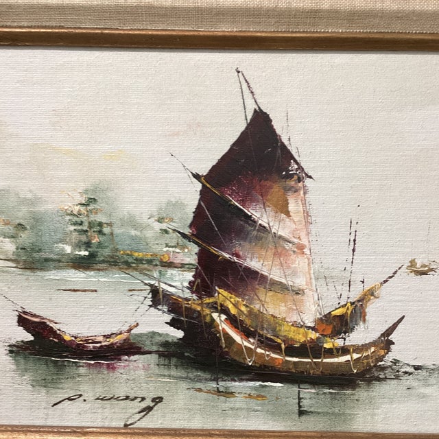 Mid-Century Modern Mid Century Modern Framed Painting on Canvas Chinese Junk Boats by P. Wong For Sale - Image 3 of 12
