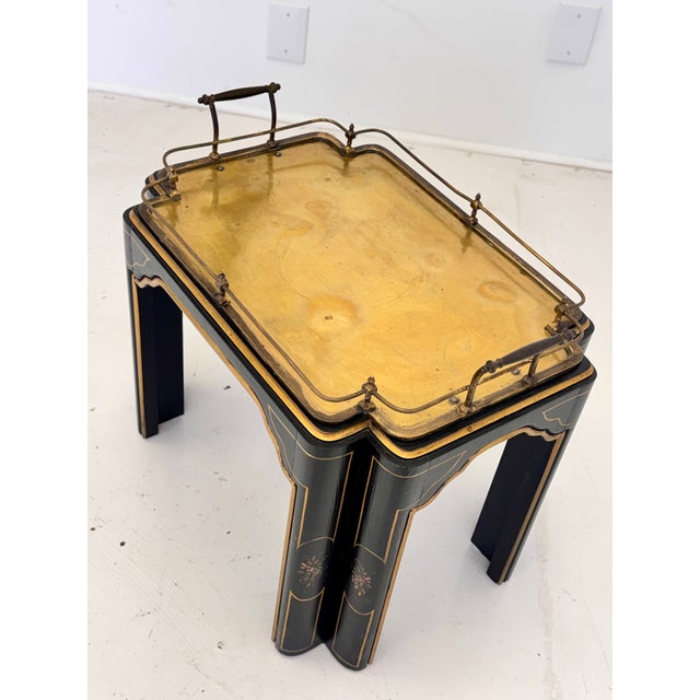 Vintage Regency Style Black Lacquer and Brass Side Table With Chinoiserie Detail For Sale - Image 11 of 16