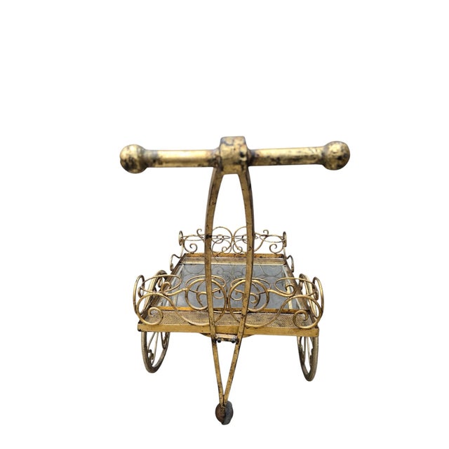 Mid 20th Century Hollywood Regency Gilt Iron Tea/Bar Cart on Wheels For Sale In Chicago - Image 6 of 12