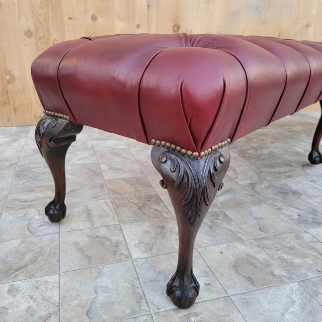 Wood Antique Chippendale Style Carved Tufted Benches Newly Reupholstered in Burgundy Leather- Pair For Sale - Image 7 of 10