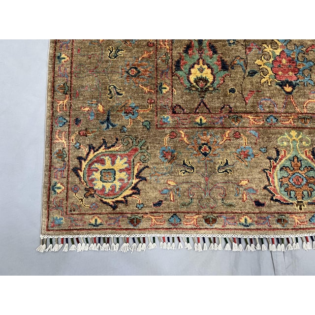Taupe Afghan Sultani Natural Dye Wool Rug, Persian Floral Botanical Design, 6′7″ × 9′2″ For Sale - Image 11 of 13