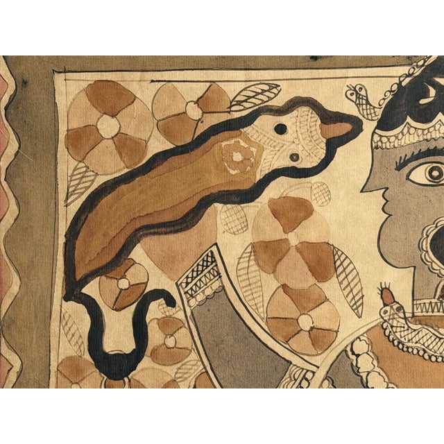 1970s Madhubani Jitwarpur Indian Artist, Figurative Scene, Drawing with Natural Pigments, 1970s For Sale - Image 5 of 9