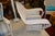 Vintage White Wicker Oversized Fan Back / Cobra Patio Arm Chair With Blue Stripe Cushion For Sale - Image 10 of 12