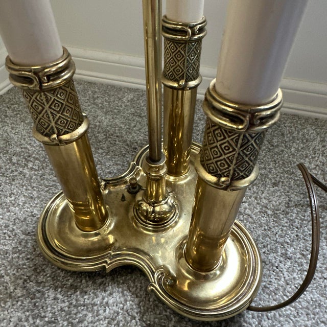 Vintage Stiffel Brass Bouillotte 3-Light French Table Lamp Black Gold Tole Shade For Sale - Image 11 of 17