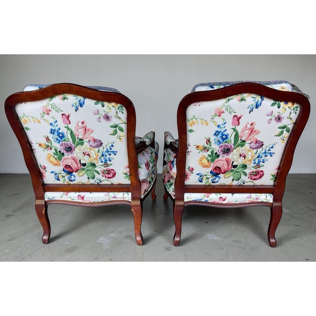 Textile Bergère Armchairs by Century Furniture in Floral Upholstery – Pair | Louis XV Style For Sale - Image 7 of 16