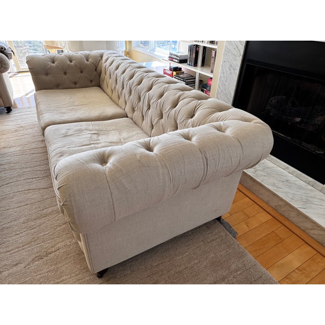 English Restoration Hardware 9' Kensington Sofa in Belgian Linen Sand Luxe Depth For Sale - Image 3 of 11