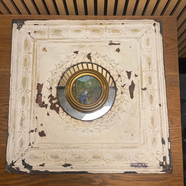 A one-of-a-kind mixed media wall piece by Cheryl Fudge, created using a reclaimed pressed tin panel with a central convex...