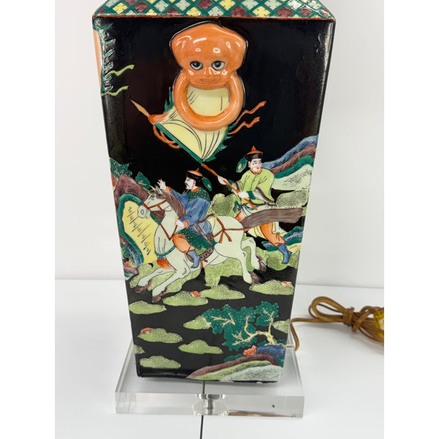 1980s Chinese Famille Noire Square Vase Lamp For Sale - Image 4 of 16