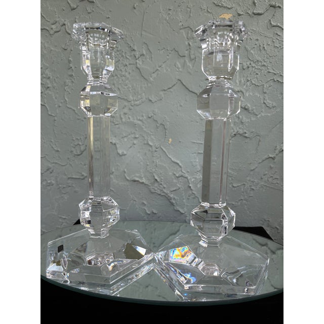 Art Deco Vintage Val St. Lambert Gardenia Crystal Candlesticks, Pair – Belgian Geometric Art Deco Style For Sale - Image 3 of 11