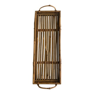 Mid 20th Century Oblong Natural Bamboo Tray With Handles For Sale