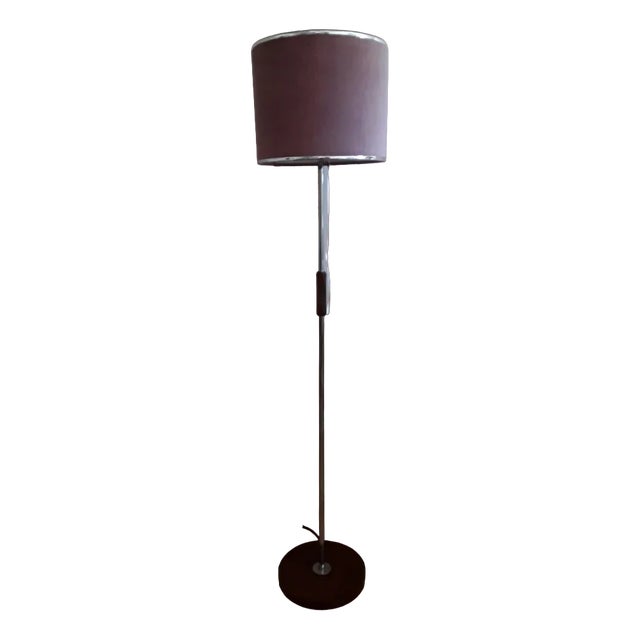 Vintage German Floor Lamp with Base and Grip in Teak & Chrome-Plated Metal Rod and Pink-Colored Screen with Plastic Difusor, 1970s For Sale