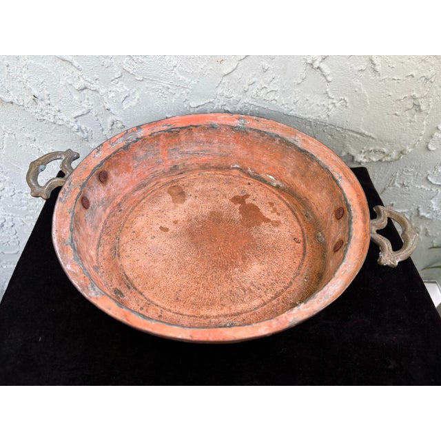 Metal Vintage Primitive Copper Tone Handled Serving Pan With Brass Handles For Sale - Image 7 of 9