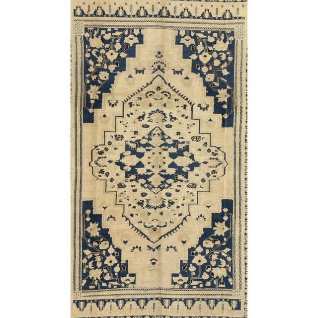 Mid 20th Century Vintage Turkish Medallion Oushak Rug in Navy Blue, D. Brown and Cream Tones For Sale - Image 4 of 9