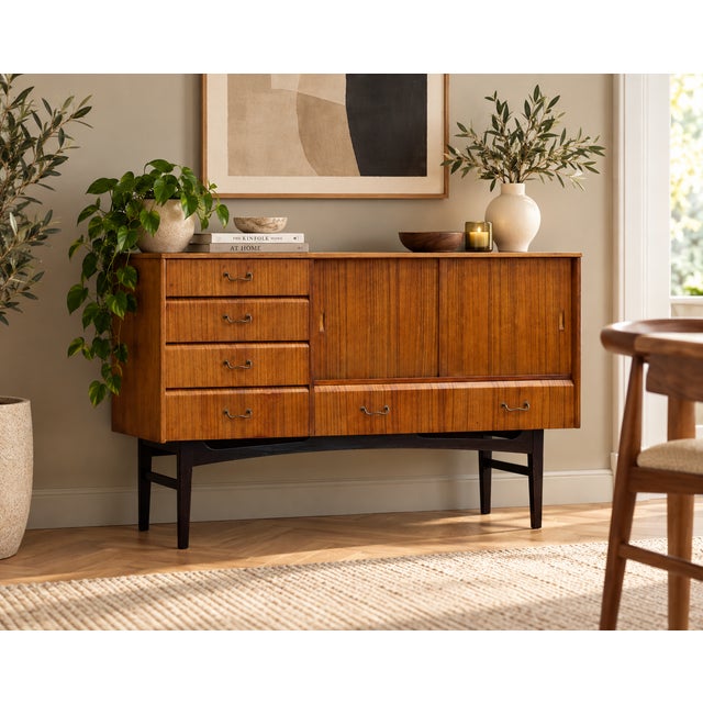 A stylish 1960s Nathan sideboard with a warm reddish-brown, tola-style wood finish and attractive grain. Featuring four...
