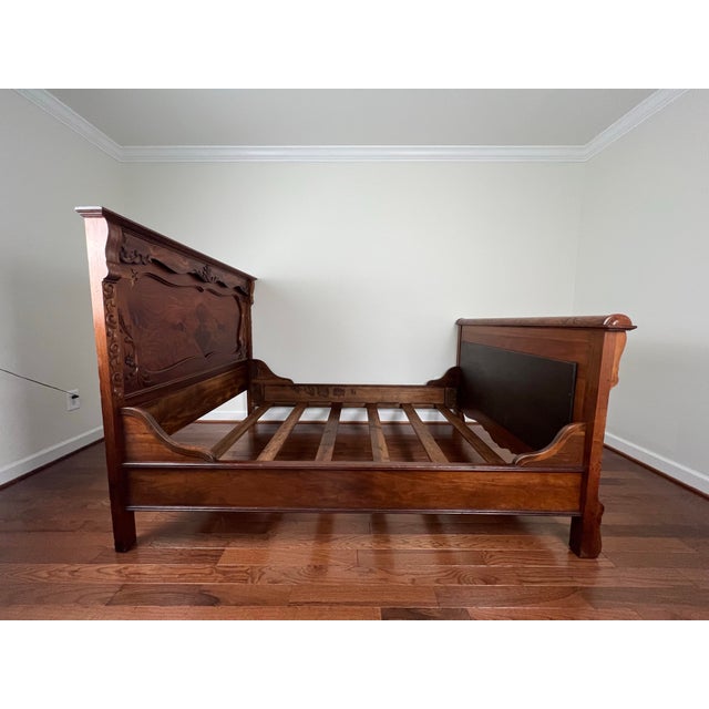 Art Nouveau Antique Carved Burlwood Full Size Bed Frame For Sale - Image 3 of 12