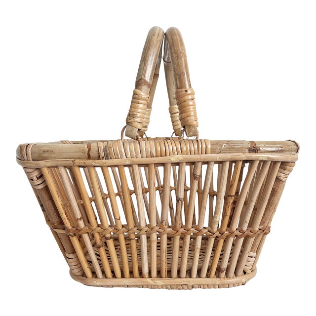 Vintage Bamboo Basket With Handles For Sale