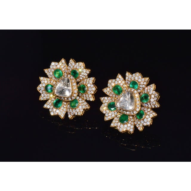 Late 20th Century Pair of Estate Natural 6.40cts Diamond & Emerald Solid 18k Gold Floral Earrings For Sale In Dallas - Image 6 of 13