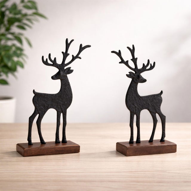 Contemporary Metal Deer Figurines on Wood Base (Set of 2) For Sale - Image 3 of 5