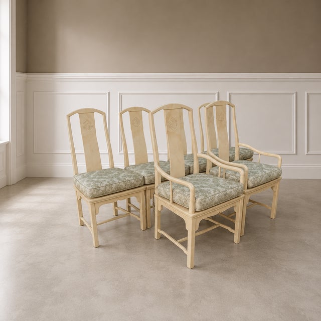 Henredon Vintage Late 1970s Set of 6 Henredon Chinoiserie Dining Chairs – Cream Lacquer, Cane Seats, Custom Cushions For Sale - Image 4 of 14