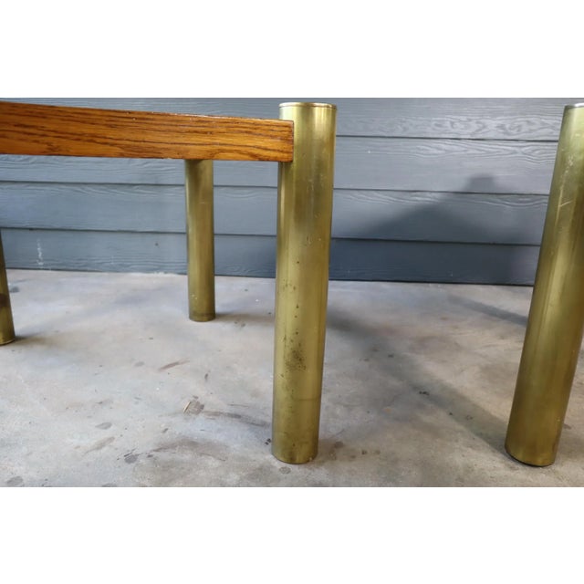 Boho Chic Vintage 70's Lane Tubular Brass Oak Parquet Wood Side Table Pair Retro End Bohemian Boho Chic 80's For Sale - Image 3 of 12