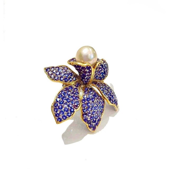 Metal Bochic “Orient” Vintage Blue Sapphire & South Sea Pearl Ring - 18K Gold & Silver For Sale - Image 7 of 9