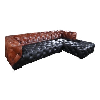 Two-Tone Chesterfield Sectional in Black & Cognac Leather — Sculptural Modern Statement For Sale