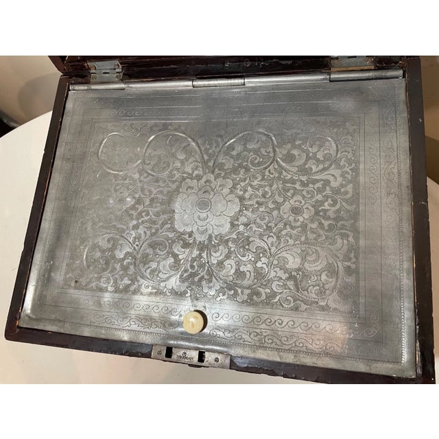 Large Antique 1800's Handmade J Bramah London Lacquered Wood Pewter Humidor Box For Sale In New York - Image 6 of 17