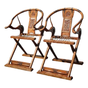 Pair Antique Chinese Qing Dynasty Folding Barstools Chairs Rollbar Footrests