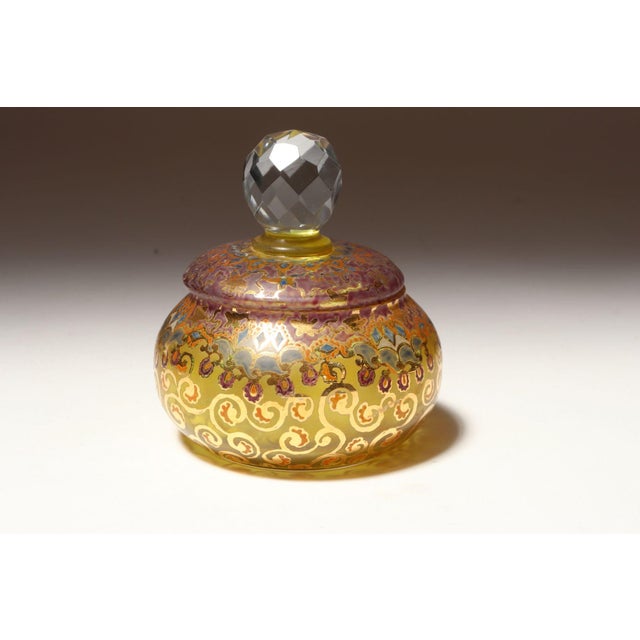Elegant glass powder/trinket jar/vide poche (ca. 1920s, Czechoslovakia). Hand applied design in attractive purple, orange,...