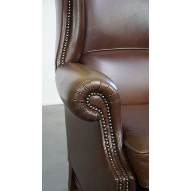 Large English Dark Brown Smooth Cow Leather Chesterfield Wing Chair For Sale - Image 10 of 14