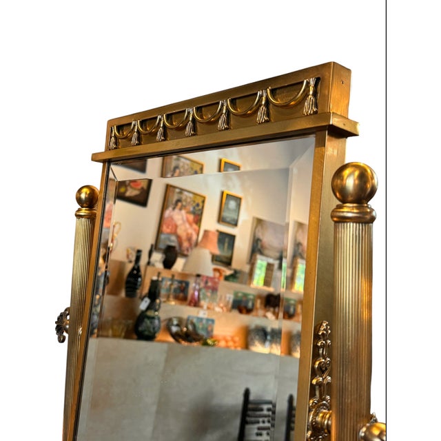 Wood Neoclassical Hollywood Regency Brass-Clad Mahogany Vanity Dressing Mirror For Sale - Image 7 of 13