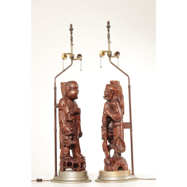 Vintage Pair Of Carved Hard Wood Chinese Figural Table Lamps With Brass Hardware For Sale - Image 10 of 12